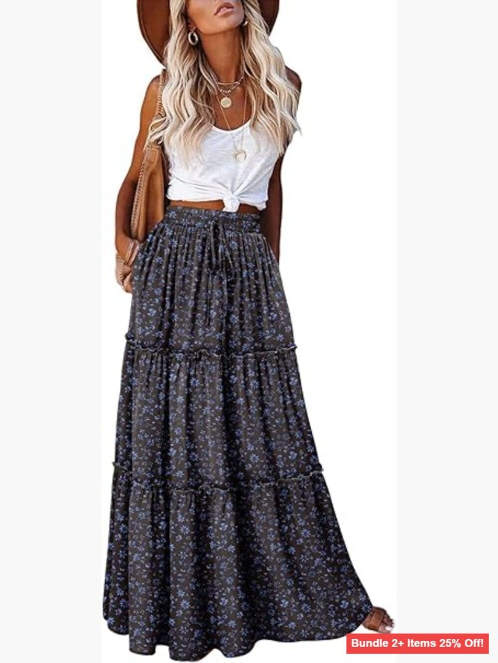 High Waist Maxi Skirt with Pockets, Flowy Polyester Fabric, Festival Outfit